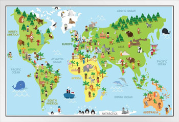 Cartoon World Map Children Animals Monuments Educational Travel World Map with Cities in Detail Map Posters for Wall Map Art Wall Decor Geographical Illustration White Wood Framed Art Poster 20x14