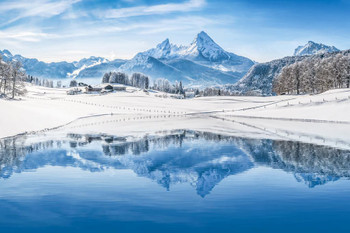 Winter Wonderland Alps Reflecting in Mountain Lake Photo Print Stretched Canvas Wall Art 24x16 inch