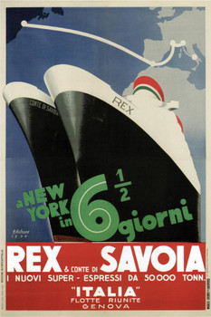 Rex Savoia Italian Cruise Ship Line Italy to New York Vintage Travel Stretched Canvas Art Wall Decor 16x24