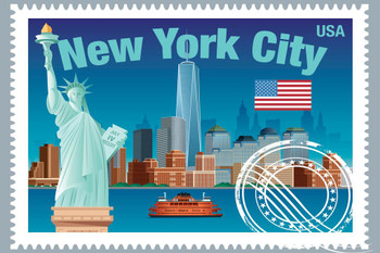 New York City NYC Manhattan Landmarks Travel Stamp Print Stretched Canvas Wall Art 24x16 inch