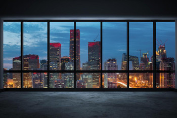 Office Window Over an Illuminated City Beijing China Skyline Photo Print Stretched Canvas Wall Art 24x16 inch