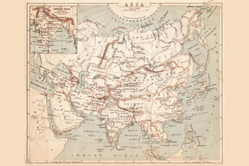 Asia 1869 Vintage Antique Style Map Travel World Map with Cities in Detail Map Posters for Wall Map Art Wall Decor Geographical Illustration Travel Destinations Stretched Canvas Art Wall Decor 24x16