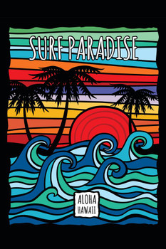 Surfing Poster Hawaii Aloha Paradise Surf Travel Beach Beachy Tropical Paradise Sea Art Graphic Sand Waves Vintage Retro Stretched Canvas Art Wall Decor 16x24