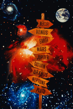 Directional Road Sign Post to the Planets Futuristic Print Stretched Canvas Wall Art 16x24 inch