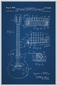 Electric Guitar 1955 Official Patent Office Blueprint Diagram 6 String Guitar Stringed Instrument Music Musician Rock Roll Band Stretched Canvas Art Wall Decor 16x24