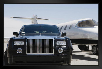 Black Limousine and Private Jet on Landing Strip Tarmac Photo Photograph Art Print Stand or Hang Wood Frame Display Poster Print 13x9