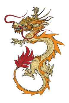 Asian Dragon Detailed Tattoo Style Illustration Design Poster Red Yellow Orange Magical Mystical Stretched Canvas Art Wall Decor 16x24