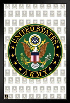 US Army Seal Logo Pattern White USA Army Family American Military Veteran Motivational Patriotic Officially Licensed Black Wood Framed Art Poster 14x20