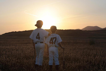 Two Boys in Baseball Uniforms Looking at Sunset Photo Print Stretched Canvas Wall Art 24x16 inch