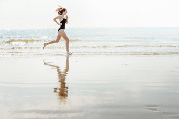 Woman Jogging on the Beach Inspirational Photo Print Stretched Canvas Wall Art 24x16 inch