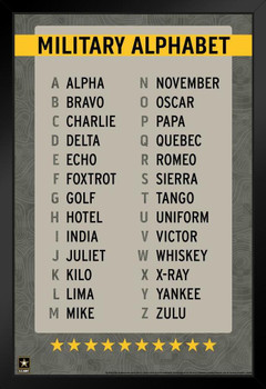 Official Military Alphabet Reference Chart Phonetic USA Family American Veteran Motivational Patriotic Alpha Bravo Charlie to Zulu A to Z Black Wood Framed Art Poster 14x20