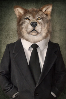 Wolf In Business Suit Head Wearing Human Clothes Funny Parody Animal Art Photo Cool Wall Decor Art Print Poster 12x18