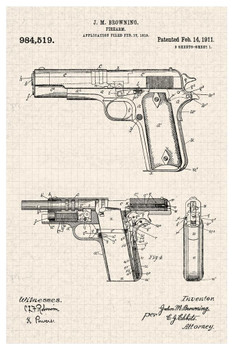 Handgun 1910 Official Patent Office Tan Color Blueprint Diagram Firearm Educational Decoration Improved Revolver Design Stretched Canvas Art Wall Decor 16x24