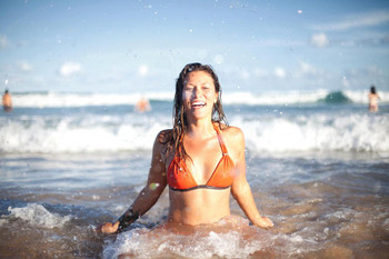 Sexy Australian Girl Coming Out of Water at Beach Photo Print Stretched Canvas Wall Art 24x16 inch