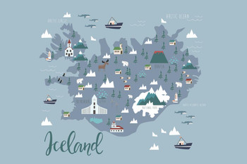 Map of Iceland Travel World Map with Cities in Detail Map Posters for Wall Map Art Wall Decor Geographical Illustration Tourist Landmark Travel Destinations Stretched Canvas Art Wall Decor 16x24
