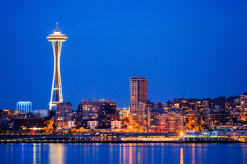 Downtown Seattle Skyline at Night Space Needle Photo Photograph Cool Wall Decor Art Print Poster 18x12