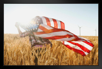 Girl Running with American Flag in Wheat Field Photo Photograph Art Print Stand or Hang Wood Frame Display Poster Print 13x9