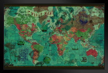 World Political Antique Style Map Travel World Map with Cities in Detail Map Posters for Wall Map Art Wall Decor Geographical Illustration Vintage Destinations Stand or Hang Wood Frame Display 9x13