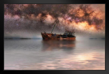 Milky Way Galaxy in Sky Above Old Shipwreck Photo Photograph Art Print Stand or Hang Wood Frame Display Poster Print 13x9