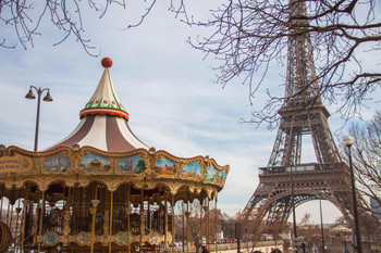 Eiffel Tower Carousel Merry Go Round Paris France Photo Print Stretched Canvas Wall Art 24x16 inch