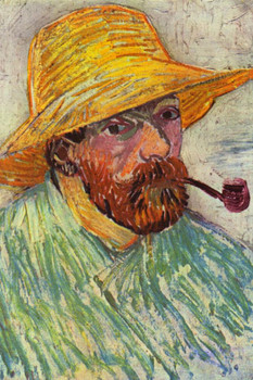 Vincent Van Gogh Self Portrait with Pipe and Straw Hat Van Gogh Wall Art Impressionist Portrait Painting Style Fine Art Home Decor Realism Decorative Wall Decor Stretched Canvas Art Wall Decor 16x24