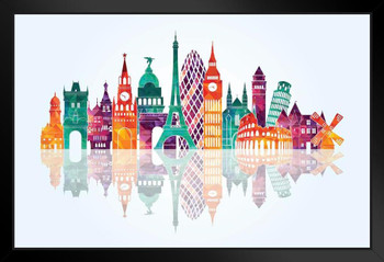 Famous European Landmarks Eiffel Tower Big Ben Leaning Tower Skyline Artistic Stand or Hang Wood Frame Display 9x13