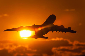 Airbus A380 Commercial Airplane Flying Into Sunset Photo Print Stretched Canvas Wall Art 24x16 inch