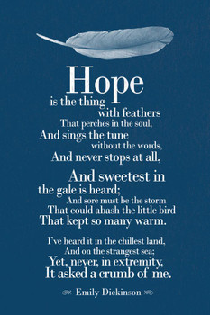 Emily Dickenson Hope Is The Thing With Feathers Blue Print Stretched Canvas Wall Art 16x24 inch