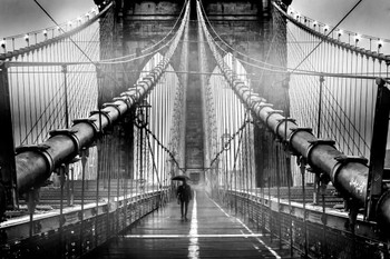 Man With Umbrella On Foggy Brooklyn Bridge At Dusk Black and White Photo Print Stretched Canvas Wall Art 24x16 inch