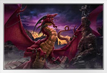 Unleashed Red Dragon Battle Chains Captive Tom Wood Fantasy Poster Fight Captured White Wood Framed Art Poster 14x20