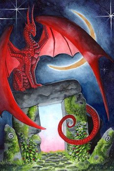 Watcher at the Morning Gate by Carla Morrow Red Dragon Stone Moon Fantasy Stretched Canvas Art Wall Decor 16x24