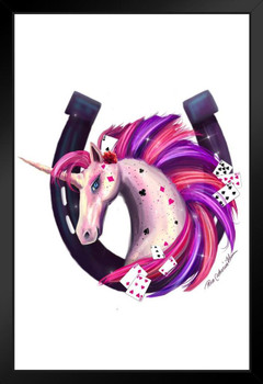 Lucky Horseshoe Pink and Purple Unicorn With Playing Cards by Rose Khan Art Print Stand or Hang Wood Frame Display Poster Print 9x13