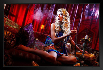 Beautiful Blonde Hookah Girl Smoking in Lounge Photo Photograph Art Print Stand or Hang Wood Frame Display Poster Print 13x9