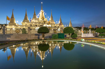 Wat Asokaram Reflection at Twilight Samutprakarn Thailand Photo Print Stretched Canvas Wall Art 24x16 inch