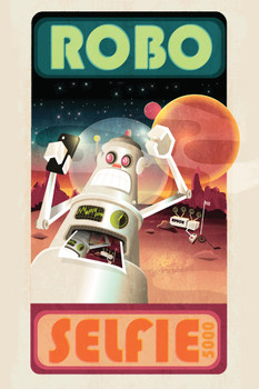 Robot selfie and mars or outerspace scene Cool Wall Decor Art Print Poster 12x18