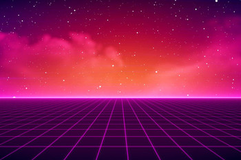 80s Neon Lights Grid Vaporwave Retro SciFi Digital Cyber Video Game Futuristic 1980s Galaxy Universe Landscape Background Stretched Canvas Art Wall Decor 16x24