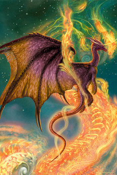 Drakeman DragonWalking Down Fire Staircase Starry Sky by Ciruelo Fantasy Painting Gustavo Cabral Cool Wall Art Print Poster 12x18