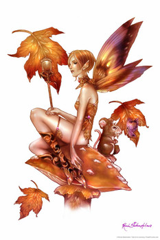 Falling Leaf and Friend by Renee Biertempfel Fantasy Art Fairy Stretched Canvas Wall Art 16x24 inch