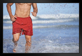 Hot Sexy Lifeguard Running To Save Lives Photo Photograph Art Print Stand or Hang Wood Frame Display Poster Print 13x9