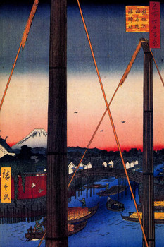 Utagawa Hiroshige Inari Bridge Minato Shrine Teppozu Japanese Art Poster Traditional Japanese Wall Decor Hiroshige Woodblock Landscape Artwork Nature Asian Print Stretched Canvas Art Wall Decor 16x24