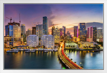 Miami Florida Downtown City Skyline Sunset Photo Beach Palm Landscape Pictures Ocean Scenic Scenery Tropical Nature Photography Paradise Scenes White Wood Framed Art Poster 20x14