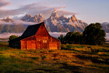 Daybreak at the Barn Jackson Hole Wyoming Photo Print Stretched Canvas Wall Art 24x16 inch