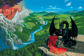 Watershed Knight In Armor Red Cape Kneeling With Black Dragon On Cliff by Ciruelo Fantasy Painting Gustavo Cabral Cool Wall Art Print Poster 12x18
