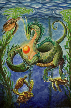 Secrets of the Sea by Carla Morrow Ocean Turtles Underwater Green Dragon Fantasy Stretched Canvas Art Wall Decor 16x24