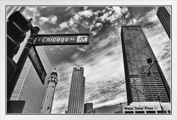 Chicago Michigan Avenue Street Sign Chicago Illinois Black and White Photo Photograph White Wood Framed Poster 20x14