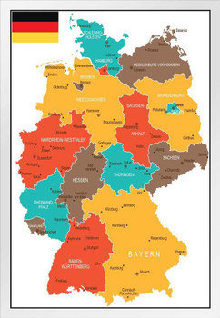 Geographical Map of Germany Travel World Map with Cities in Detail Map Posters for Wall Map Art Wall Decor Geographical Illustration Tourist Travel Destinations White Wood Framed Art Poster 14x20
