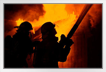 Firefighters Using Hose Fighting Nighttime House Fire Photo Photograph White Wood Framed Poster 20x14