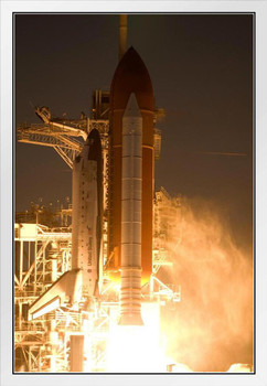 Space Shuttle Discovery Launch Pad Blast Off Orbiter Vehicle Spacecraft Photograph White Wood Framed Poster 14x20