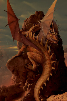 Earth and Fire Brown Dragon on Rock by Vincent Hie Cool Wall Art Print Poster 12x18
