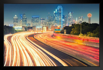 Dallas Texas Downtown Skyline Illuminated Behind Freeway At Night Photo Photograph Art Print Stand or Hang Wood Frame Display Poster Print 13x9